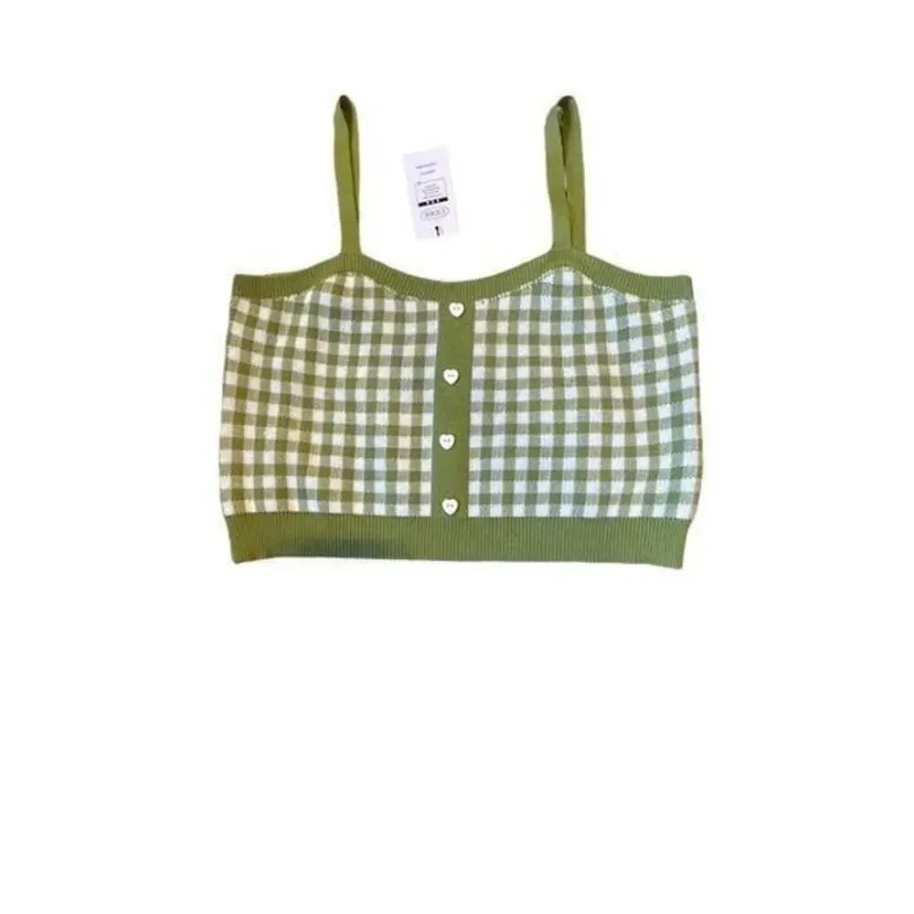 Cider Women's Green Checkered Knitted Plaid Cami Top Size L NWT